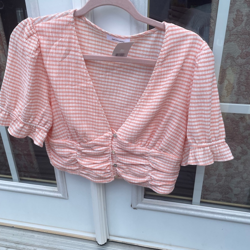 Gingham print, melon colored crop top